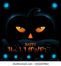 Happy Halloween with black pumpkin scary and blue light bulb. Vector illustration.