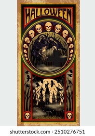 Feliz Dia das Bruxas cartão corvo preto em estilo art nouveau, ilustração vetorial