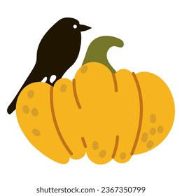 Happy Halloween. A black raven sits on a yellow pumpkin and and looks. Isolated illustration on a white background for holiday cards, tags, stickers. Cute isolated flat illustration