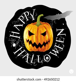 Happy Halloween black round label with yellow pumpkin