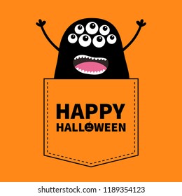 Happy Halloween. Black screaming monster silhouette in the pocket. Hands up. Cute cartoon scary funny character. Baby collection. T-shirt design. Eyes, fang tooth. Orange background Flat design Vector