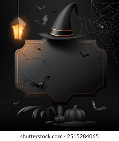 Happy Halloween Black sign and hat, Bright lamp, pumpkin, bat flying, poster flyer design on black background, Eps 10 vector illustration