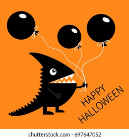 Happy Halloween. Black silhouette monster holding three balloons. Cute cartoon funny character. Greeting card. Flat design. Orange background Vector