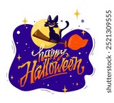 Happy Halloween. Black smiley cat on broomstick flying on background full moon. Vector illustration for spooky holiday night.