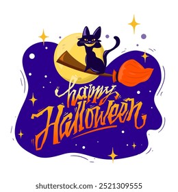 Happy Halloween. Black smiley cat on broomstick flying on background full moon. Vector illustration for spooky holiday night.