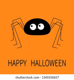 Happy Halloween. Black spider silhouette. Long paws. Funny insect. Big eyes. Cute cartoon kawaii baby character. Flat material design. Orange background. Isolated. Vector illustration