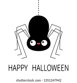Happy Halloween. Black spider silhouette. Hanging dash line web. Cute cartoon kawaii baby character. Long paws. Funny insect. Big eyes. Fang tooth.Flat design. White background. Vector illustration
