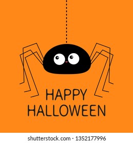 Happy Halloween. Black spider silhouette hanging on dash line web. Long paws. Funny insect. Big eyes. Cute cartoon baby character. Flat material design. Orange background Isolated. Vector illustration