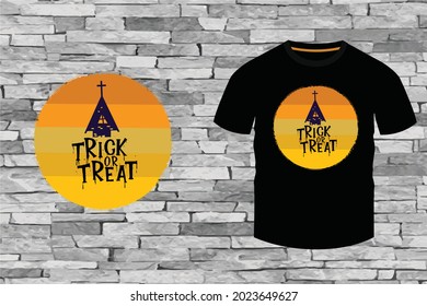 happy Halloween black t shirt cool design short leaves for boys and girls trick or treat orange and yellow badge label, vector sticker.