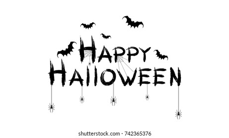 Happy halloween. Black text banner on a white background. Spiders, bats and spiderweb. Vector illustration