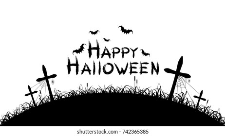 Happy halloween. Black text banner on a white background. Cemetery with crosses. Spiders, bats and spiderweb. Grunge text. Vector illustration