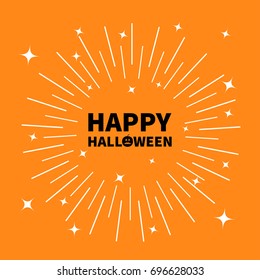 Happy halloween black text Pumpkin smiling face silhouette. Sunburst round line circle. Shining effect stars. Abstract shape. Decoration element. Orange background. Isolated. Flat design. Vector