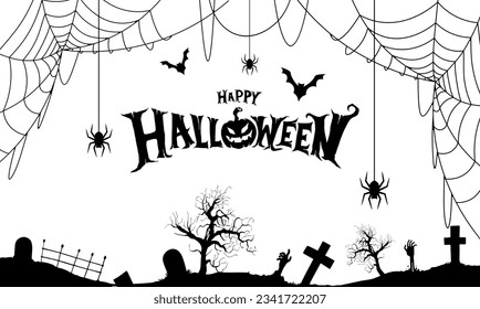 Happy halloween. Black and white background design for halloween banner or decor. Vector happy halloween lettering and spider webs.