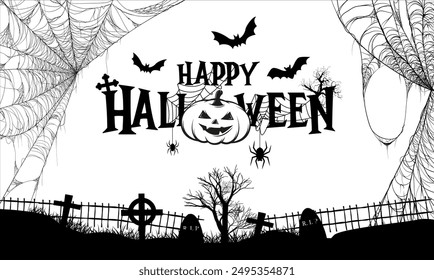 Alles Gute zu Halloween. Schwarz-Weiß-Hintergrund-Design für Halloween-Banner oder Dekor. Vektorgrafik happy Halloween Schriftzug und Spinnennetze.