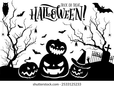 Happy Halloween Black and White Background. Vector Illustration with Spiders, Flying Bats and Pumpkins.