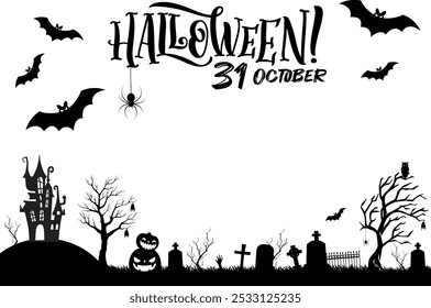 Feliz Halloween fondo blanco y negro. Ilustración vectorial con murciélagos voladores y calabazas. 