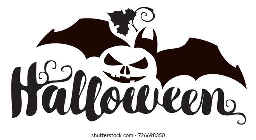 Happy Halloween black and white lettering with pumpkin and bat. Vector calligraphic inscription for banner, poster, greeting card, party invitation.