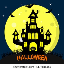 Happy Halloween. Black witch s castle, in the doorway with pumpkin. Full moon at night, bats, ghosts and stars. Autumn holiday. Vector, flat style, cartoon.