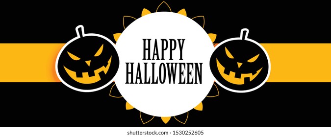 happy halloween black and yellow banner with laughing pumpkins