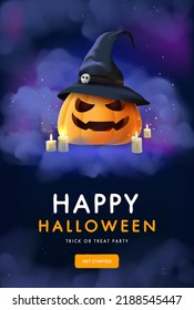 Happy halloween blue banner with illustration of realistic pumpkins with faces in a cloud of smoke with witch hat. Modern design