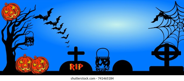 happy halloween blue and black with pumpkin banner design and illustration