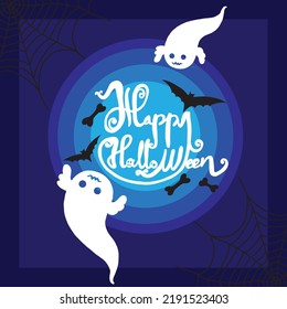 Happy Halloween with blue color background and ghost, bat, cobweb. Vector Illustration. File Eps 8