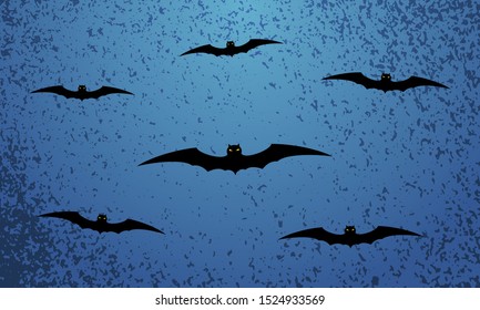 Happy Halloween blue festive background with flying bats. Vector illustration.