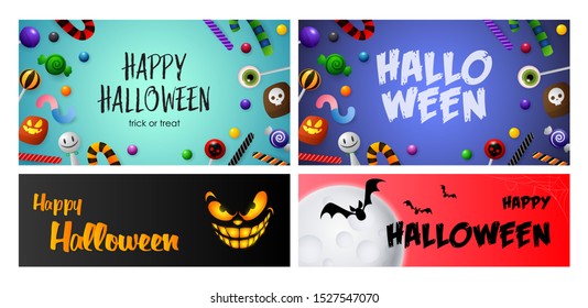 Happy Halloween blue, red, black banner set with candies. Halloween, October, trick or treat. Lettering can be used for greeting cards, invitations, announcements