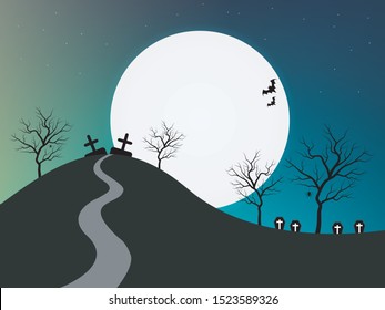 Happy Halloween blue sky color background with moon bat tree coffin and spider -vector illustration