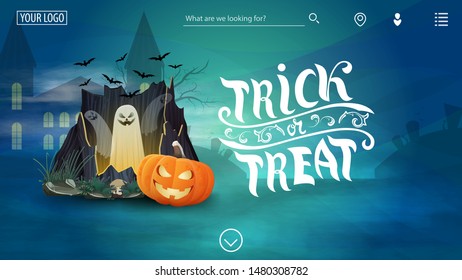 Happy Halloween, blue template for the site with congratulations, portal with ghosts and pumpkin Jack