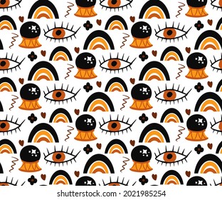 Happy halloween Boho abstract seamless pattern. Bohemian mystical magic print hand drawing style. creative contemporary aesthetic doodle endless texture, background. Vector illustration