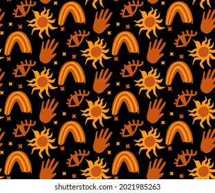 Happy halloween Boho abstract seamless pattern. Bohemian mystical magic print hand drawing style. creative contemporary aesthetic doodle endless texture, background. Vector illustration