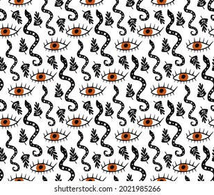 Happy halloween Boho abstract seamless pattern. Bohemian mystical magic print hand drawing style. creative contemporary aesthetic doodle endless texture, background. Vector illustration