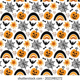 Happy halloween Boho abstract seamless pattern. Bohemian mystical magic print hand drawing style. creative contemporary aesthetic doodle endless texture, background. Vector illustration
