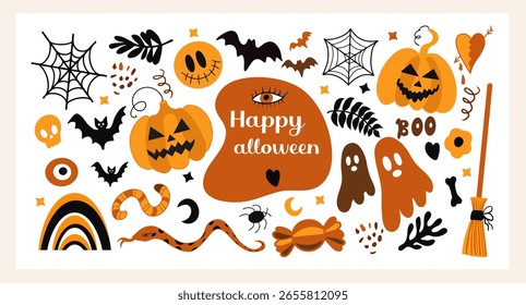 Happy halloween Boho abstract set. Bohemian mystical magic collection clip art hand drawing style. creative contemporary aesthetic doodle elements . Vector illustration