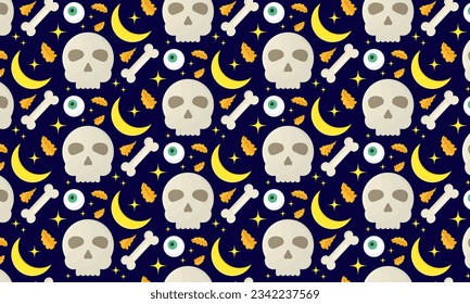  Happy Halloween. Bones and skull pattern, eyeball and moon. Spooky seamless pattern