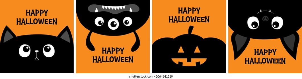 Happy Halloween. Bones text font. Bone letter type. Black cat kitten head face, monster, bat, pumpkin set line. Cute cartoon pet character. Greeting card. Flat design. Orange background. Vector