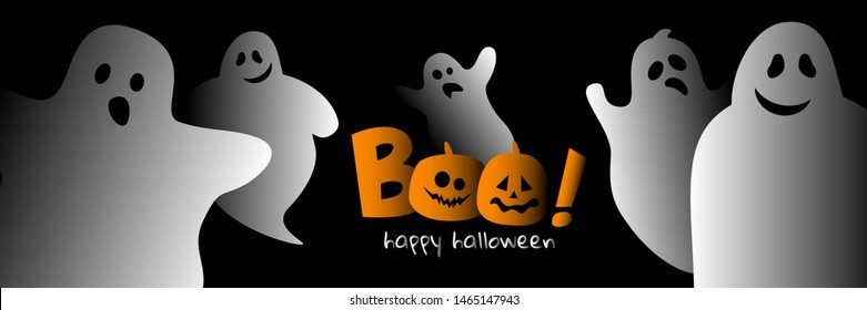 happy halloween boo banner design with cute ghosts on black background