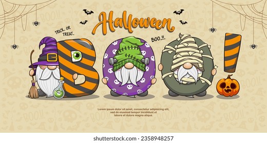 Happy Halloween Boo Banner With Gnome, Cute Cartoon Illustration