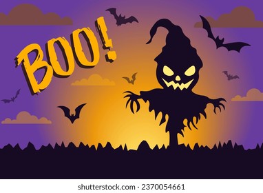Happy Halloween Boo greeting card vector illustration Scarecrow in a field. Vector illustration