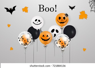 Happy Halloween.  Boo. Holiday design with colorful balloons, falling leaves, halloween flying bats for banner, poster, greeting card, party invitation. vector cartoon illustration.  