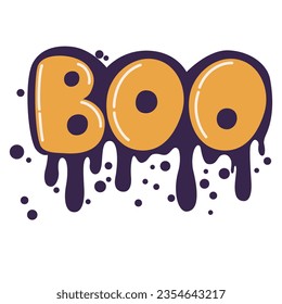 Happy Halloween. Boo lettering short slogan quote in cute retro graffiti style. Bubble hand drawn letters with black stroke and streaks of paint splashes. Vector illustration  