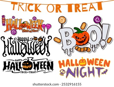 Feliz Halloween, Boo, Noche de Halloween Conjuntos de texto con truco o trato Conjuntos de texto colgantes Diseños, tipografía divertida y espeluznante, perfecto para tarjetas y decoraciones, celebre Halloween con estilo Creatividad