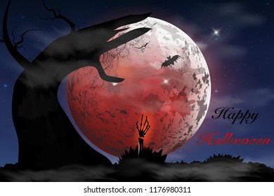 
Happy Halloween.  Boo. Spooky card for Halloween. night background with full moon, tombstones, bats. Halloween Party.  design template for banner, poster, greeting card, party invitation.