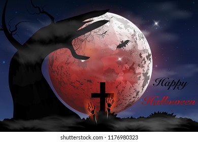 
Happy Halloween.  Boo. Spooky card for Halloween. night background with full moon, tombstones, bats. Halloween Party.  design template for banner, poster, greeting card, party invitation.