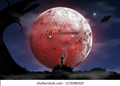 
Happy Halloween.  Boo. Spooky card for Halloween. night background with full moon, tombstones, bats. Halloween Party.  design template for banner, poster, greeting card, party invitation.