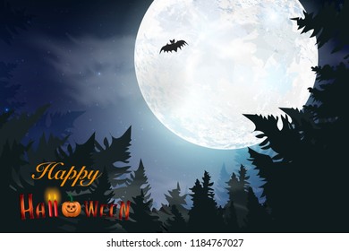 Happy Halloween.  Boo. Spooky card for Halloween. night background with full moon, tombstones, bats. Halloween Party.  design template for banner, poster, greeting card, party invitation.