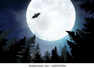 Happy Halloween.  Boo. Spooky card for Halloween. night background with full moon, tombstones, bats. Halloween Party.  design template for banner, poster, greeting card, party invitation.