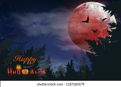Happy Halloween.  Boo. Spooky card for Halloween. night background with full moon, tombstones, bats. Halloween Party.  design template for banner, poster, greeting card, party invitation.