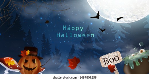 Happy Halloween.  Boo. Spooky card for Halloween. night background with full moon, tombstones, bats. Halloween Party.  design template for banner, poster, greeting card, party invitation.